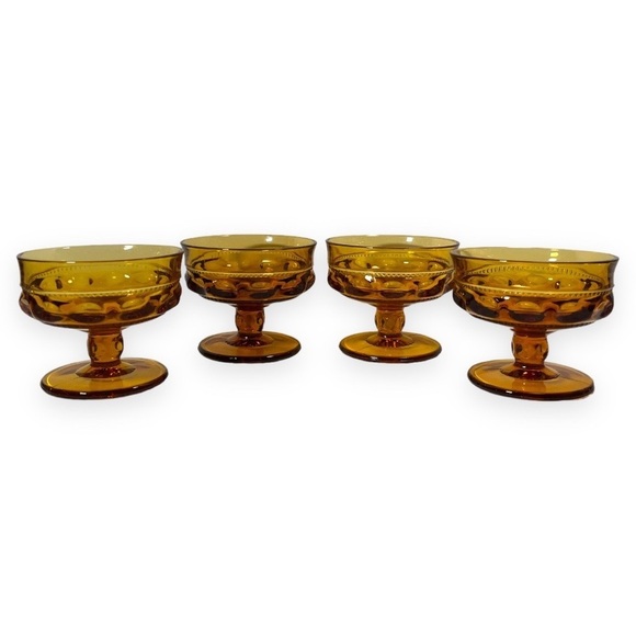 Vintage Kings Crown 4 Piece Footed Sherbet Cup Indiana Glass Amber Thumbprint - Picture 4 of 7